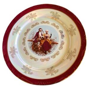 Vintage-Inspired Red and Gold Dinner Plate